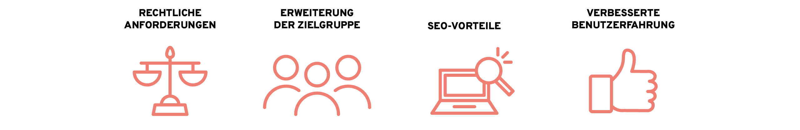 Die Vorteile von digitaler Barrierefreiheit auf einen Blick Icons zu den Vorteilen der digitalen Barrierefreiheit: rechtliche Anforderungen, SEO und Nutzeransprache.